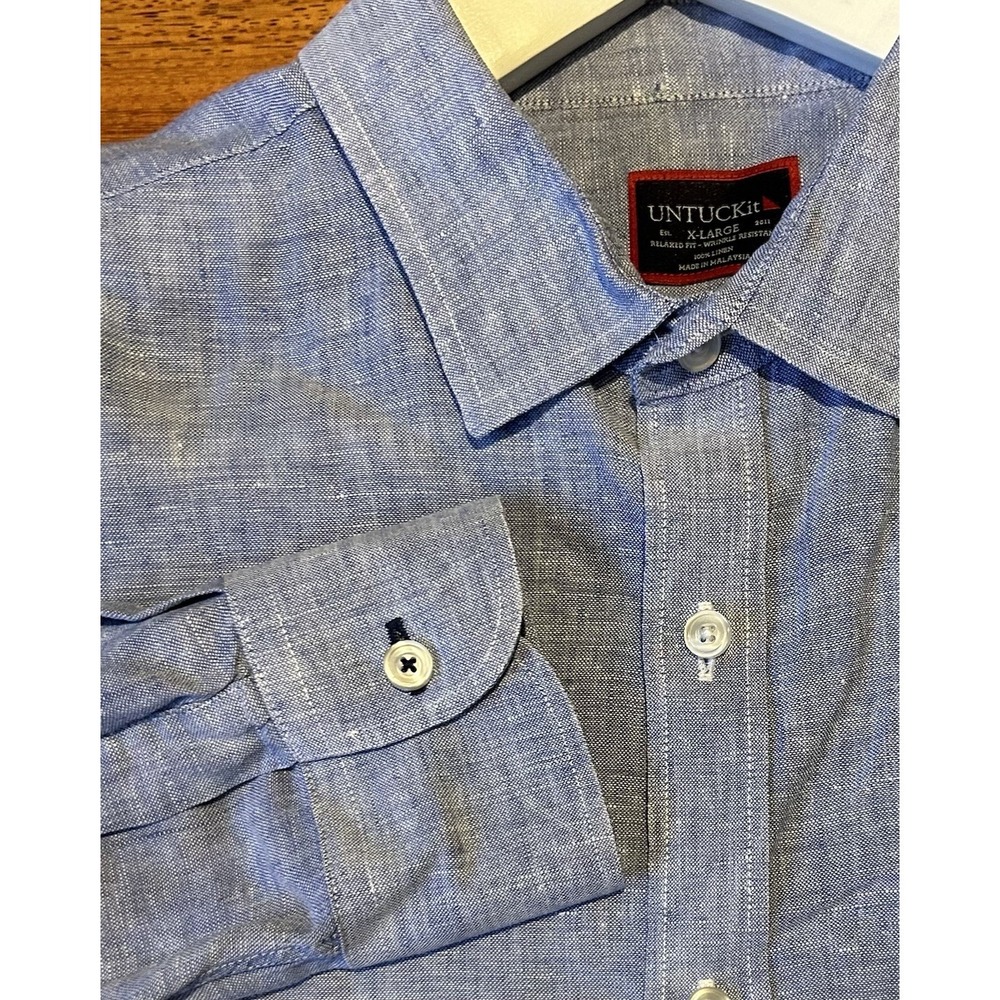 UNTUCKit Mens X-Large Linen Long Sleeve Button Up Casual Shirt‎ Preppy Blue